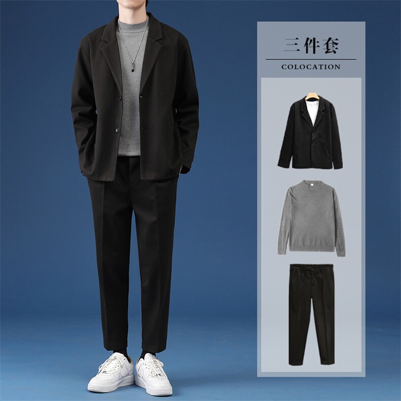秋冬新款毛呢男士轻熟风学院风三件套潮牌港风韩版潮流毛呢套装，男装西服套装，星座505-2（原电商A260-1)