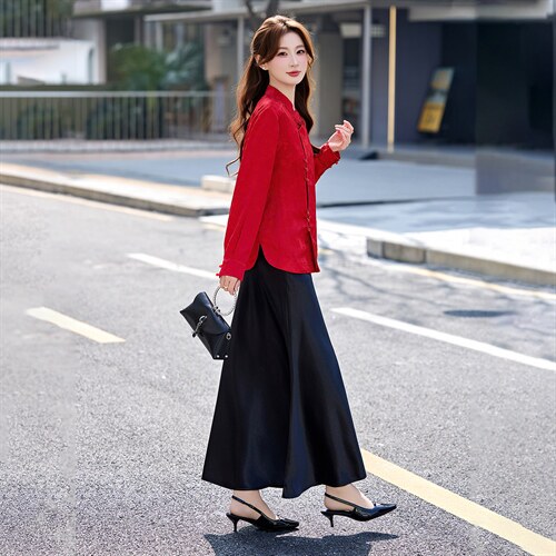 现货现货春装新款简约时尚休闲重工艺减龄组合两件套半裙上衣，女装套装/套裙，韩美纤衣