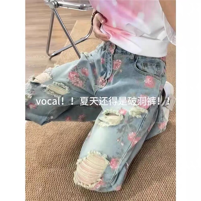 现货美式高街花卉破洞牛仔裤男夏季潮牌水洗直筒微喇裤A0988-P50,男装牛仔裤,星座1008