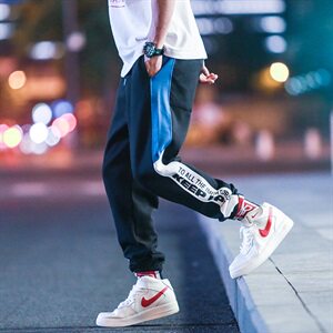 204-K2001-P35春夏日系潮流侧边拼色条纹字母印花束脚运动休闲男图片