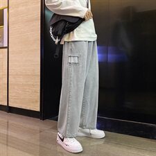 K716-P55秋季港风大码松紧破洞牛仔裤男直筒老爹裤拖地裤，男装牛仔裤，电商B369（原A024）