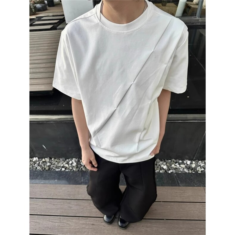 T1102-P30美式潮牌拼接解构短袖T恤男夏落肩半截袖,男装T恤,电商B323A