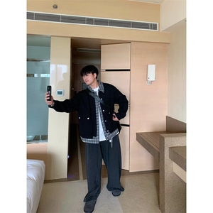 港风假两件格子拼接夹克男士2025春季韩版宽松潮流百搭工装外套男图片