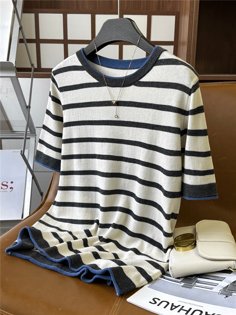 2025夏季新款圆领精纺棉针织短袖女薄宽松减龄条纹半袖背心上衣，女装T恤，温瑞