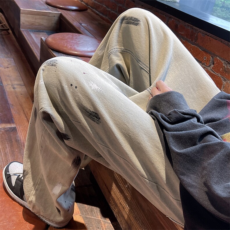 春秋季设计感直筒阔腿裤潮高街泼墨彩绘涂鸦牛仔裤男 K4861-P45图片