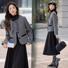 小香风名媛毛呢外套女2025秋冬新款独特设计丝巾系带减龄气质上衣，女装短外套，依路服饰