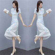 2023夏装新款时尚气质旗袍领设计简约优雅修身显瘦连衣裙，女装连衣裙，媚琳依坊