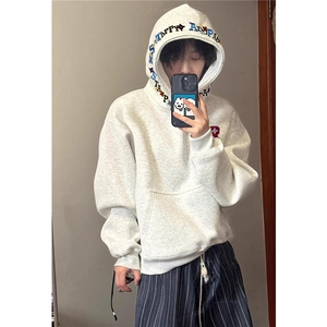 美式重磅加绒加厚刺绣初中生连帽卫衣男款新款宽松上衣WYZ06图片