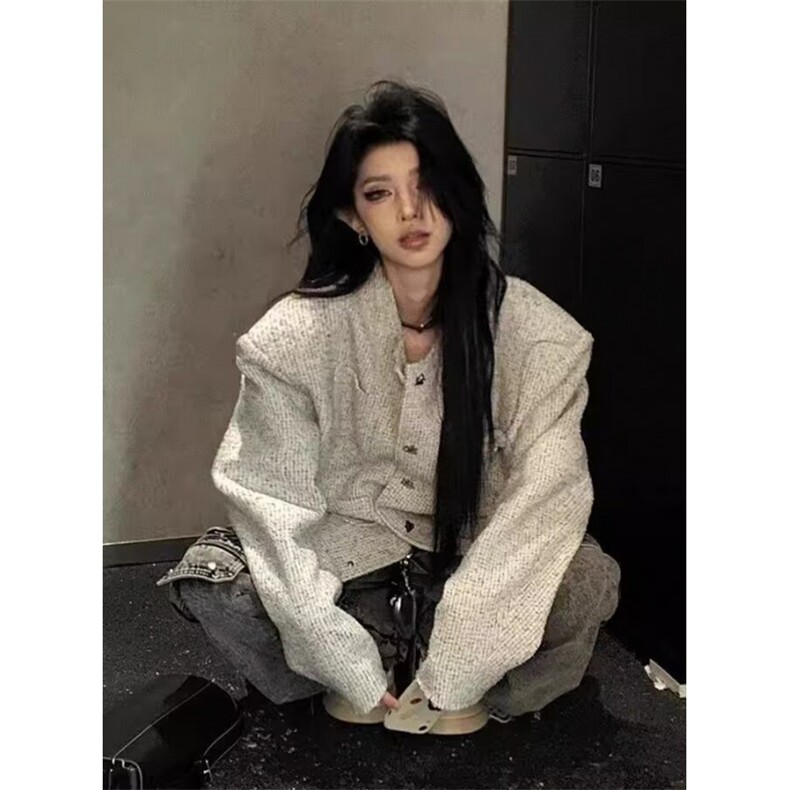 春装韩小香风时尚外套玫瑰花廓形垫肩开衫无领夹克J449,男装夹克,星座1116A（原606A-3）
