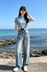 时尚休闲减龄套装女夏季新款波点短袖上衣高腰阔腿牛仔裤两件套潮，女装套装/套裙，江南
