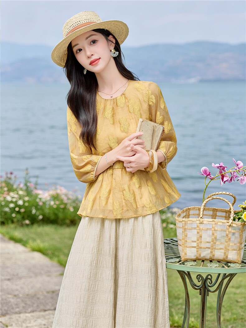 夏新款圆领绣花宽松小衫裙裤优雅气质套装女,女装套装/套裙,水衣源