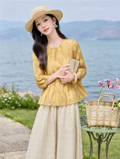 夏新款圆领绣花宽松小衫裙裤优雅气质套装女，女装套装/套裙，水衣源