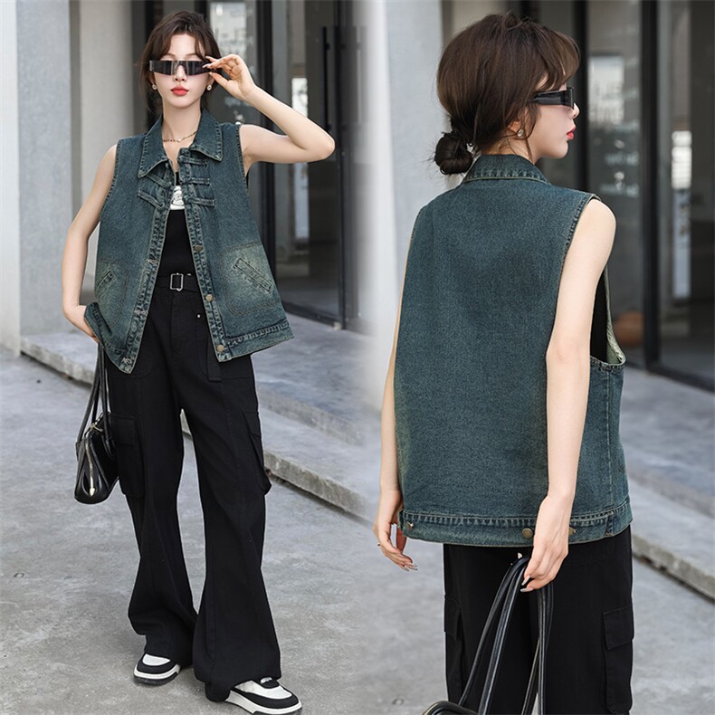 现货牛仔马甲外套宽松流行美式高街百搭春秋高级夹克青春潮牌，女装牛仔外套，潮流依族