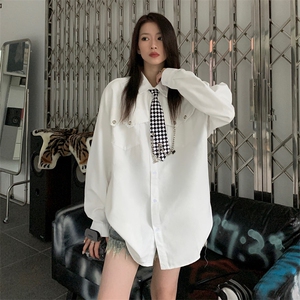 白色polo领长袖衬衣女2023春夏宽松韩版百搭纯色衬衫3069-P53