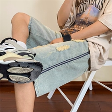 破洞牛仔短裤男款侧拉链夏季美式高街复古休闲直筒五分裤子，男装牛仔裤，星座410-7