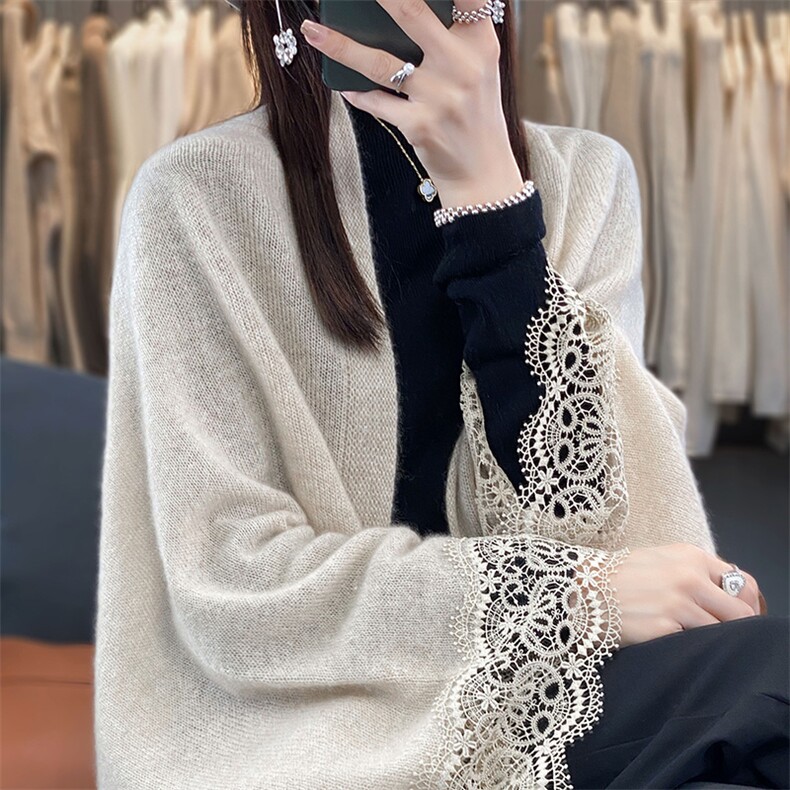 秋冬新款蕾丝花边100%纯羊毛披肩女针织保暖羊绒围巾外搭斗篷开衫,饰品披肩,宋氏羊绒