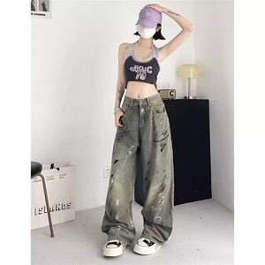 高街泼漆涂鸦阔腿牛仔裤女秋季新款做旧废土风设计感直筒裤子图片