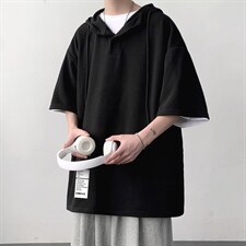 LD54045-P45连帽短袖t恤男大码胖子带帽五分袖中袖大皂风，男装T恤，电商A040