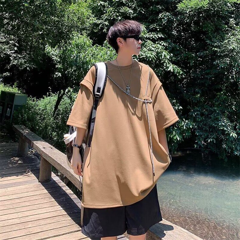 假两件短袖男款夏季潮牌痞帅炸街独特设计感2025t恤高级重磅衣服,男装T恤,星座506