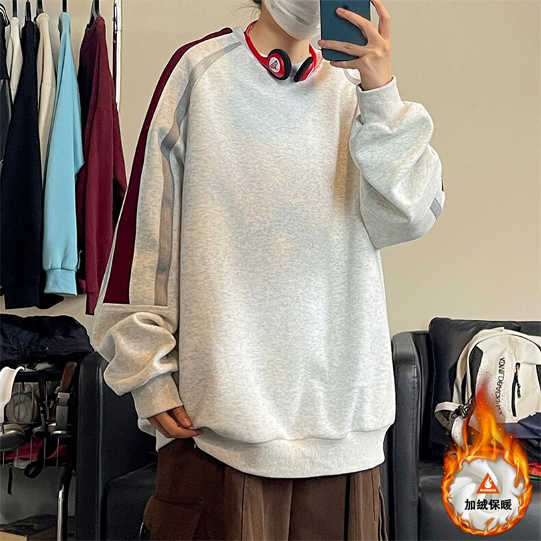 美式拼接撞色圆领卫衣大码宽松加绒加厚上衣W4650JR（加绒）特P46,男装卫衣,电商A007