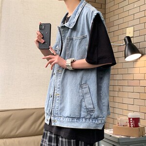 牛仔马甲男潮流宽松休闲情侣外套潮牌设计感毛边坎肩背心B802-P50图片