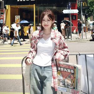 标准青少年慵懒新款潮美式格纹长袖衬衫外套男女情侣碎花春季图片