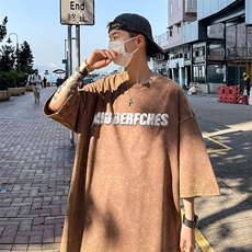 B239-1132-P38美式字母印花复古水洗做旧落肩袖短袖T恤上衣，男装T恤，星座514-2(原B239)