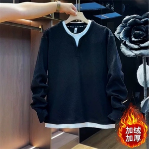 加绒新款男士潮流假两件套头卫衣港风纯色休闲青年百搭长袖T恤潮,粉色v领毛衣搭配图片