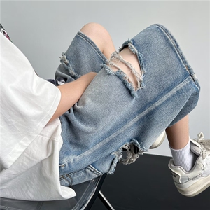潮牌薄款阔腿宽松痞帅五分短裤高街膝盖破洞水洗牛仔裤男女~NK580图片
