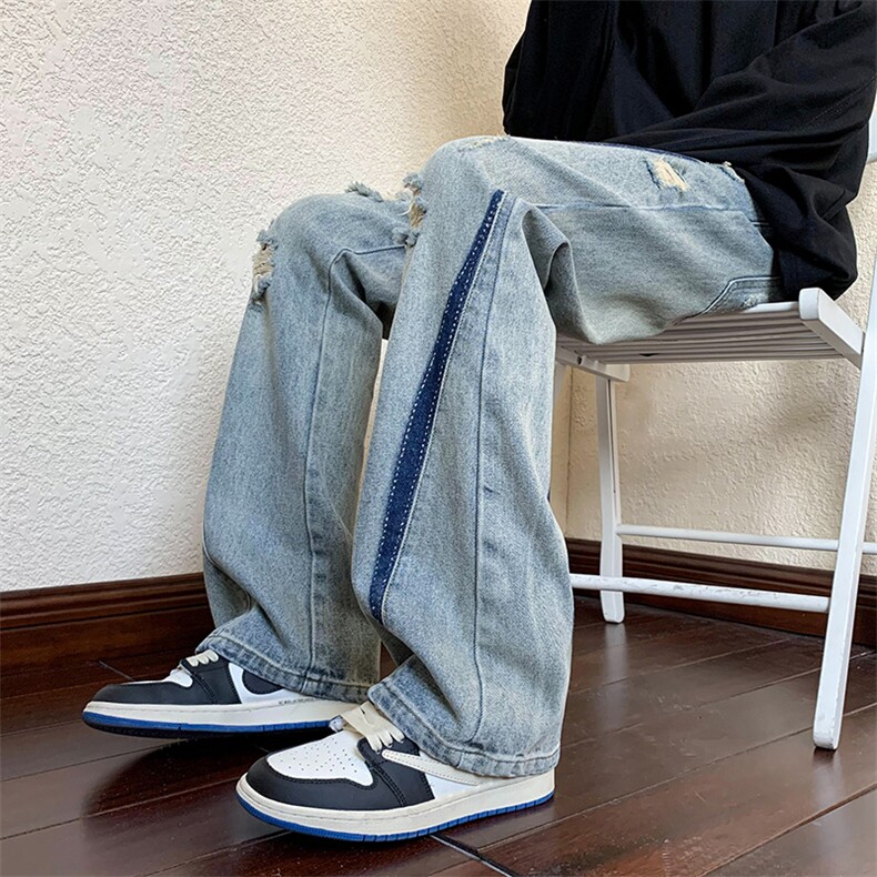 B221美式ins高街小众男女个性款微喇破洞牛仔裤LK23001-P65控88,男装牛仔裤,电商B221