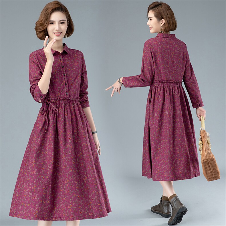 2024韩版新款春装小碎花衬衫领纽扣长袖收缩腰带中长连衣裙时尚，女装连衣裙，阿丹
