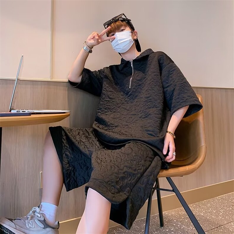 夏季新款半拉链衬衫男短袖polo衫五分裤潮套装 P45图片