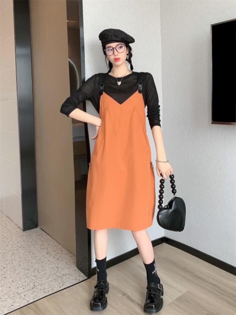 2021秋季新款薄款抽皱两件套背带裙，其它，微迪菲