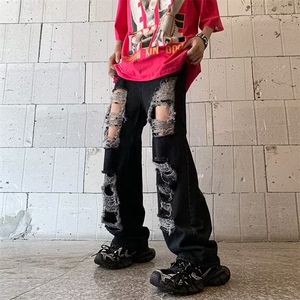 W234-P45 美式破洞牛仔裤夏季高腰直筒宽松显瘦设计感阔腿拖地裤图片