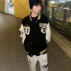 春秋新款美式高街外套棒球服拼接欧美男刺绣情侣宽松休闲夹克，男装夹克，星座506A