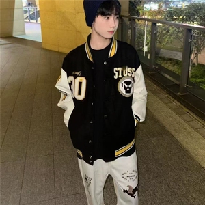 春秋新款美式高街外套棒球服拼接欧美男刺绣情侣宽松休闲夹克图片