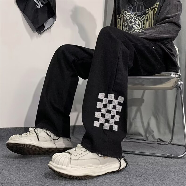 美式高街棋盘格休闲裤秋季宽松直筒设计感vibe风长裤男K4661-P46,男装休闲裤,星座512-2