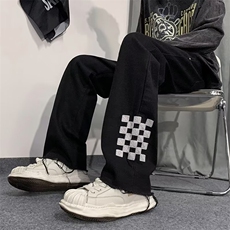 美式高街棋盘格休闲裤秋季宽松直筒设计感vibe风长裤男K4661-P46，男装休闲裤，星座512-2