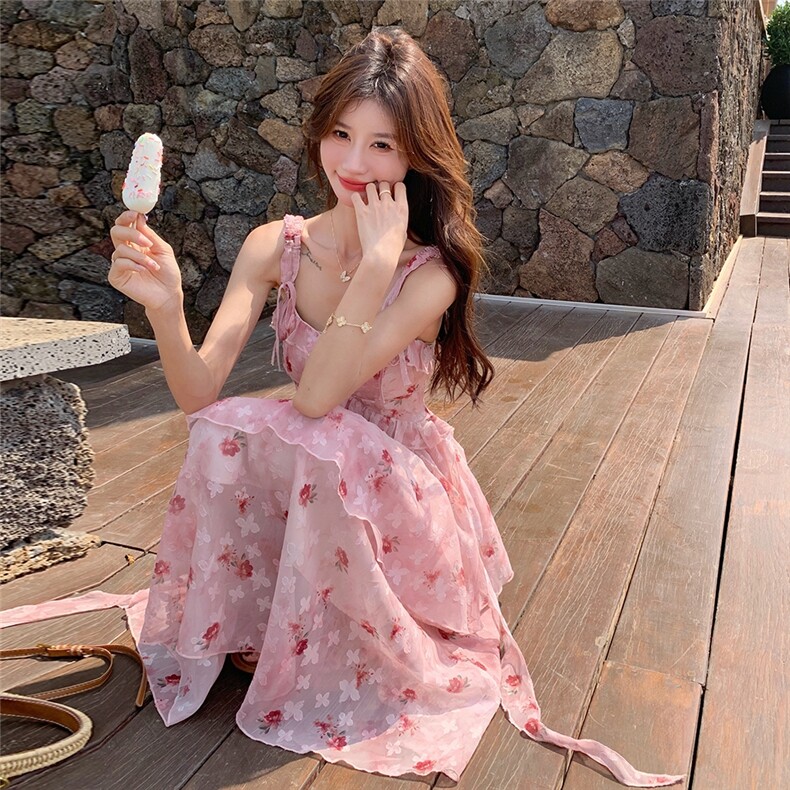 法式粉色碎花连衣裙女2025年夏季新款浪漫度假风气质绝美超仙长裙,女装连衣裙,2C012