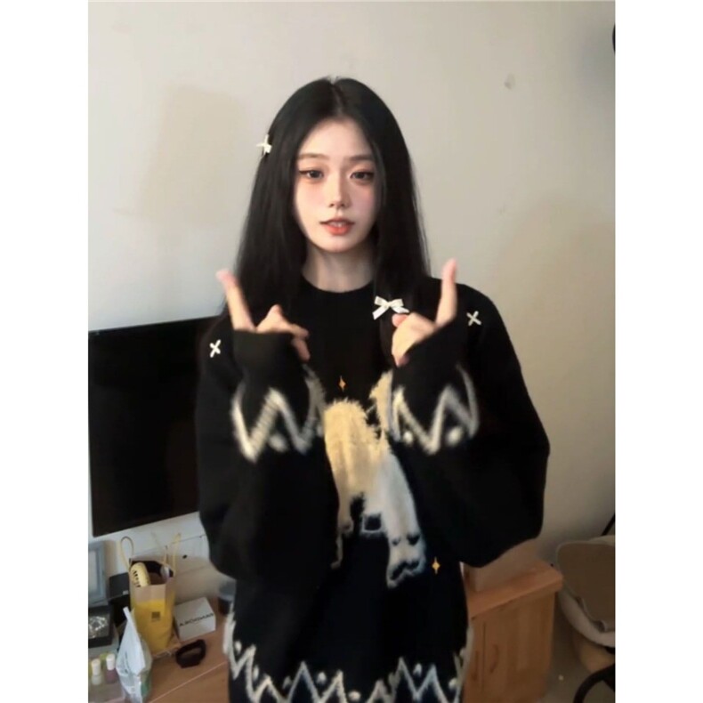 韩版潮流甜美趣味小羊提花黑色保暖毛衣女秋冬季新款宽松针织衫潮,男装针织衫/毛衣,星座506A