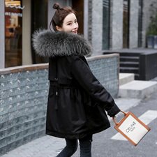 棉衣/棉服2021新款冬仿羊羔毛中长款工装带帽棉服女外套配毛领，女装派克服，瑶迪依秀