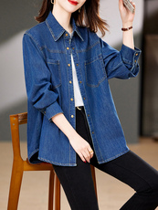 蓝色牛仔衬衫外套女宽松2025春秋新款中年妈妈减龄薄款牛仔外套潮，女装衬衫，靓衣阁