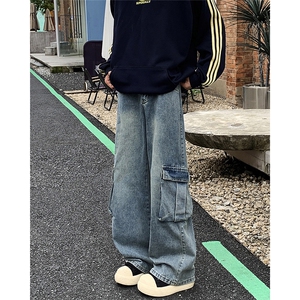 阔腿工装牛仔裤男大口袋宽松裤子水洗复古高街拖地长裤N6110-P55图片