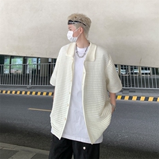 复古针织短袖衬衫boxy短宽休闲夏季开衫镂空半袖T148，男装衬衫，星座1116A-1（原606A）