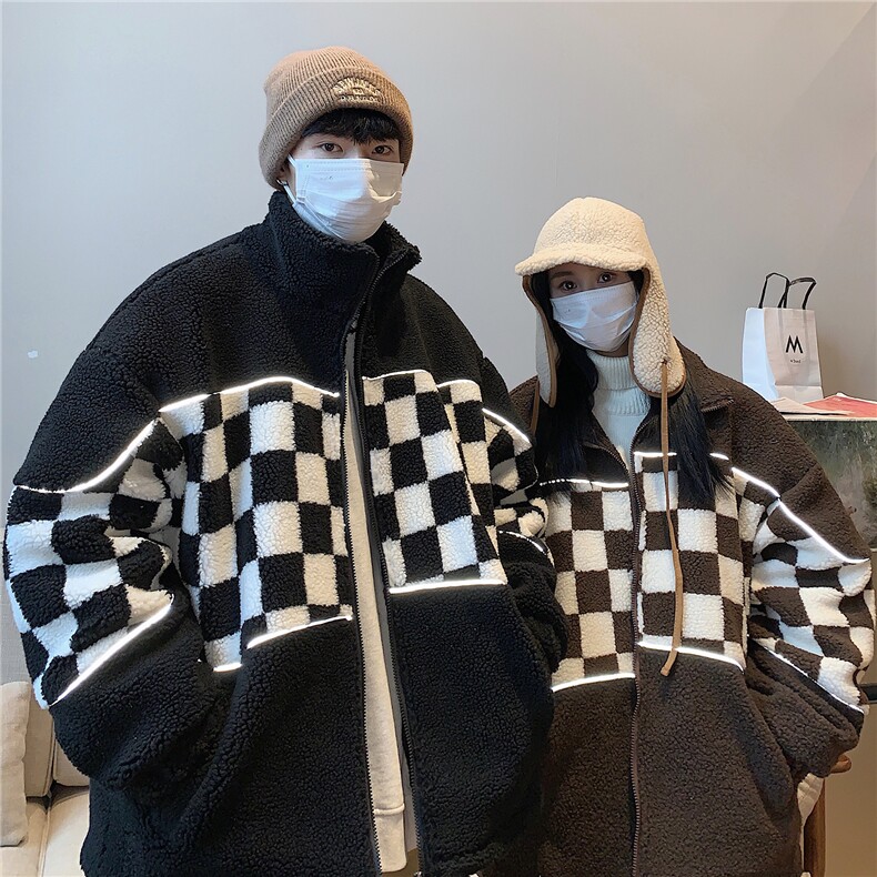 情侣装冬装反光拼接棋盘格加厚羊羔毛情侣棉衣外套G1029P118女,男装棉衣,电商A339