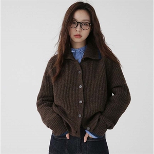 秋冬新款女翻领外搭纯色韩版毛衣外套显瘦羊毛开衫图片