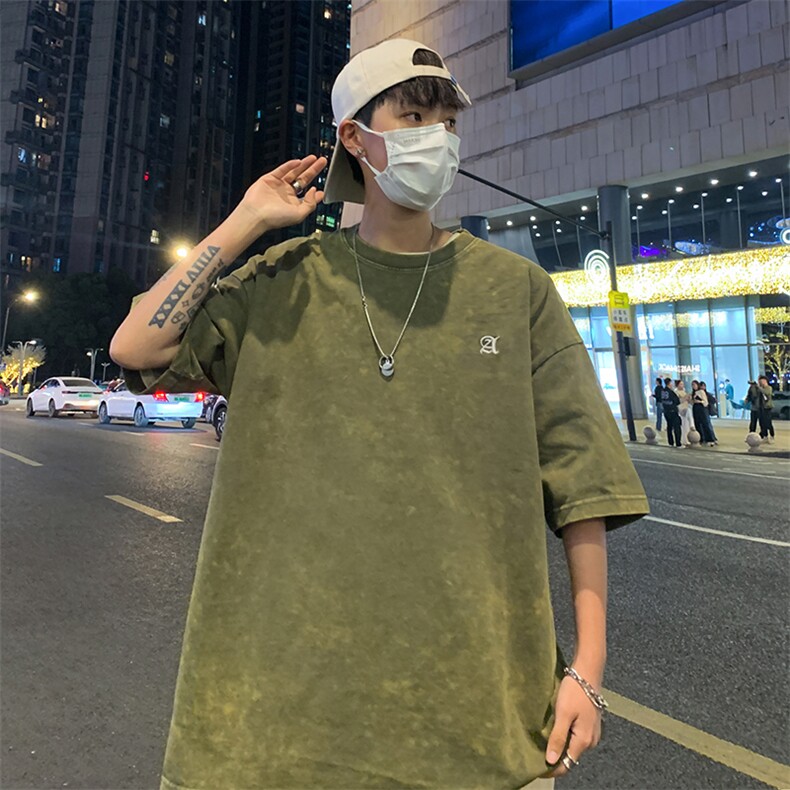 港风夏季新款250g纯棉水洗做旧刺绣T恤618A-819-P48,男装T恤,星座914-4