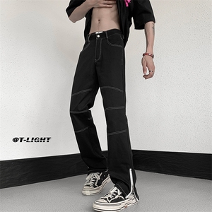 美式ins高街牛仔裤小众百搭明线拼接拉链牛仔裤K2308-P65控88图片