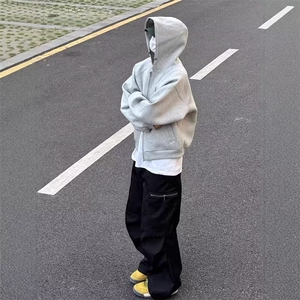 网络图 美式开衫卫衣男秋冬款连帽外套短款廓形夹克帽衫图片