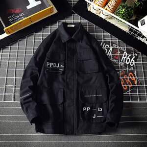 2021春秋季新日系网格风大码潮男印花翻领工装夹克外套J965-P85图片